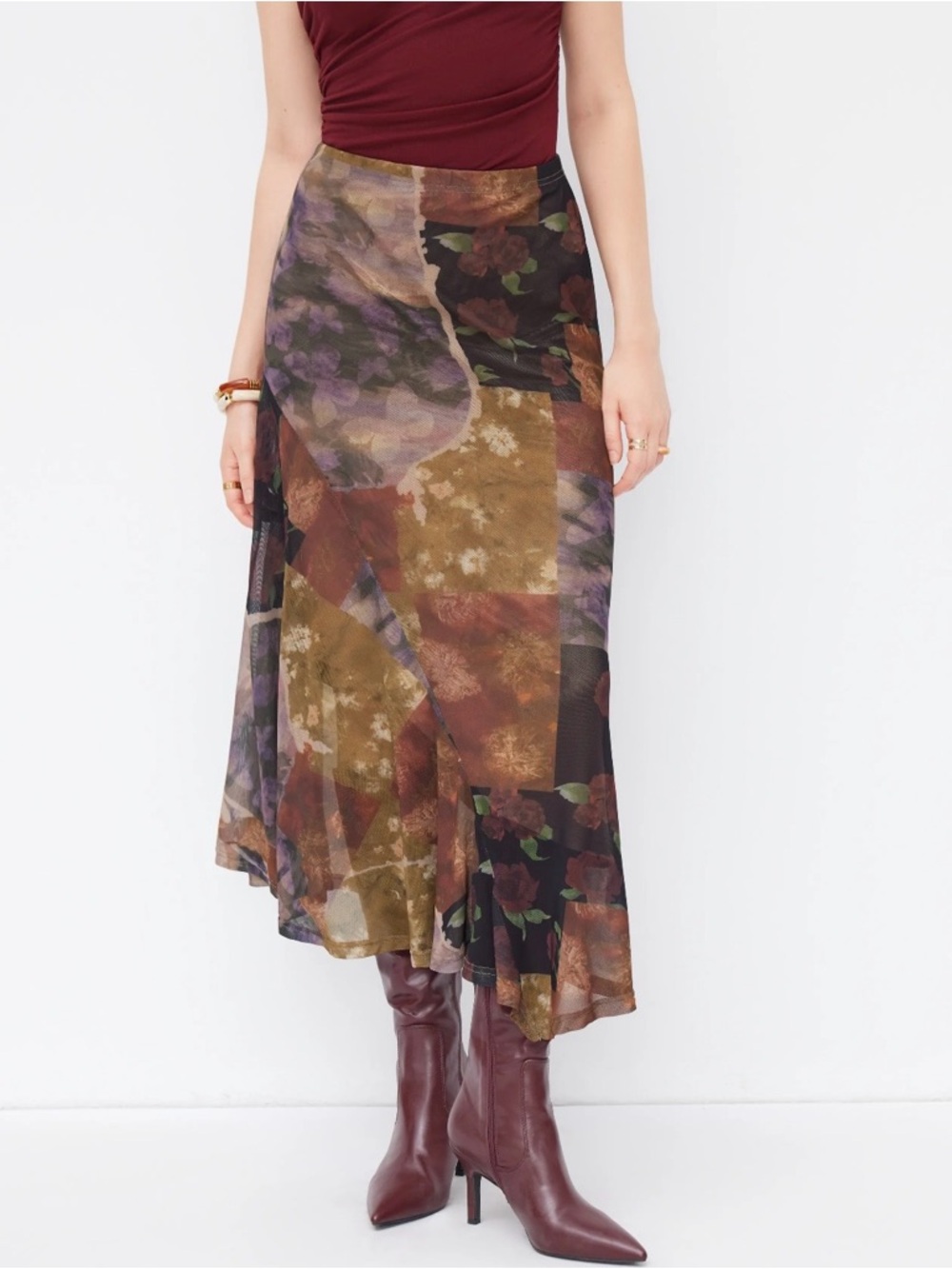 Cider Patchwork Print Floral Midi Skirt in Brown & Rust Like Free People Anthro - Picture 2 of 9